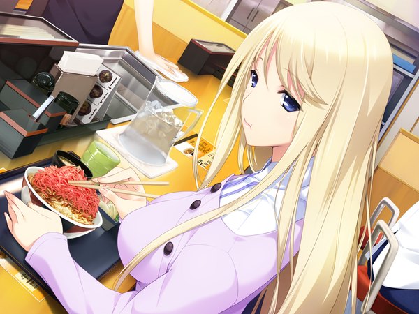 Anime picture 2048x1537 with lovely x cation 2 hibiki works yoshinoya seine iizuki tasuku long hair highres blue eyes blonde hair game cg eating girl food