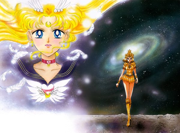 Anime picture 3360x2492 with bishoujo senshi sailor moon toei animation tsukino usagi sailor moon eternal sailor moon sailor galaxia takeuchi naoko long hair looking at viewer highres blue eyes blonde hair smile red eyes absurdres scan official art facial mark walking space