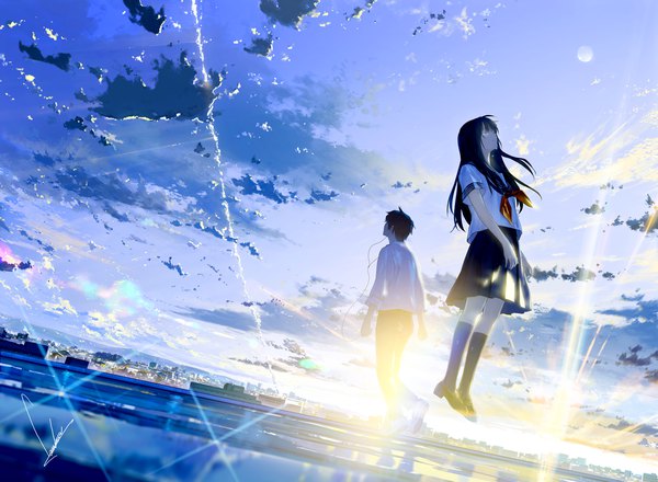 Anime picture 1500x1100 with original loundraw long hair fringe short hair black hair holding signed sky cloud (clouds) full body ahoge outdoors eyes closed pleated skirt from behind sunlight blurry couple tears