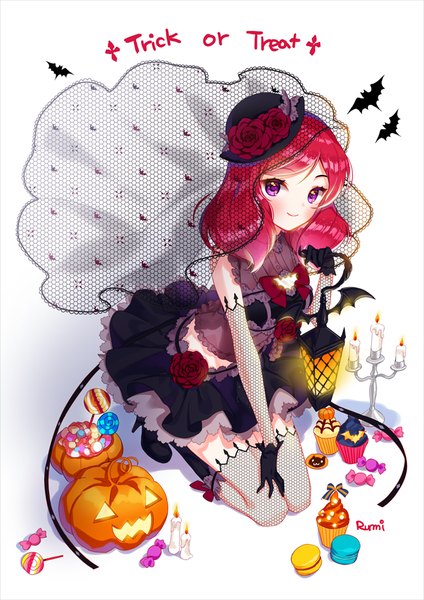 Anime picture 800x1131 with love live! school idol project sunrise (studio) love live! nishikino maki rarumi single long hair tall image looking at viewer blush simple background white background purple eyes pink hair light smile from above kneeling halloween trick or treat girl