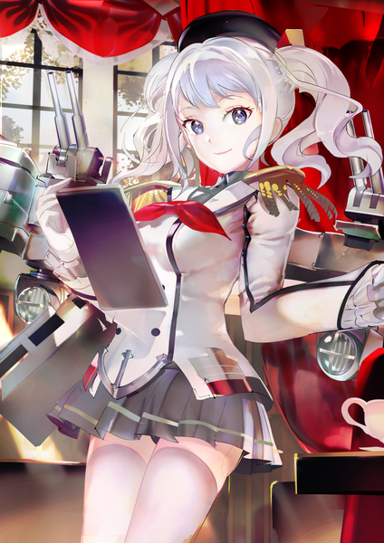 Anime picture 848x1200 with kantai collection kashima training cruiser 119 single long hair tall image looking at viewer blue eyes light erotic smile standing twintails silver hair indoors long sleeves pleated skirt pantyshot wavy hair tsurime girl