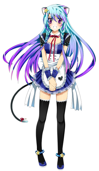 Anime picture 1988x3419 with original izanami (natsumii chan) nami (nyaa) single long hair tall image looking at viewer blush highres smile purple eyes animal ears full body tail animal tail multicolored hair cat ears two-tone hair maid cat girl