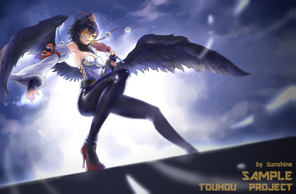 Anime picture 3779x2480 with touhou shameimaru aya sunshine (1638509769) single fringe highres short hair breasts black hair bare shoulders signed absurdres sky cleavage full body bent knee (knees) parted lips sunlight blurry armpit (armpits)