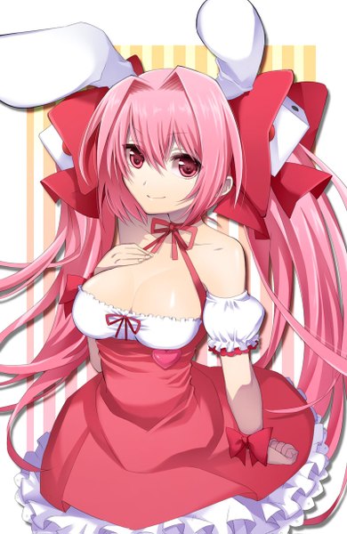 Anime picture 800x1231 with di gi charat madhouse usada hikaru rabi en rose hattori (junoct2000) single long hair tall image looking at viewer smile twintails animal ears pink hair cleavage pink eyes bunny ears bunny girl girl dress bow
