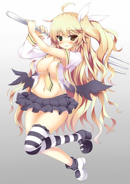 Anime picture 744x1052 with original kusano (torisukerabasu) single long hair tall image blush breasts light erotic blonde hair yellow eyes open clothes open shirt heterochromia girl thighhighs miniskirt shirt wings shoes striped thighhighs