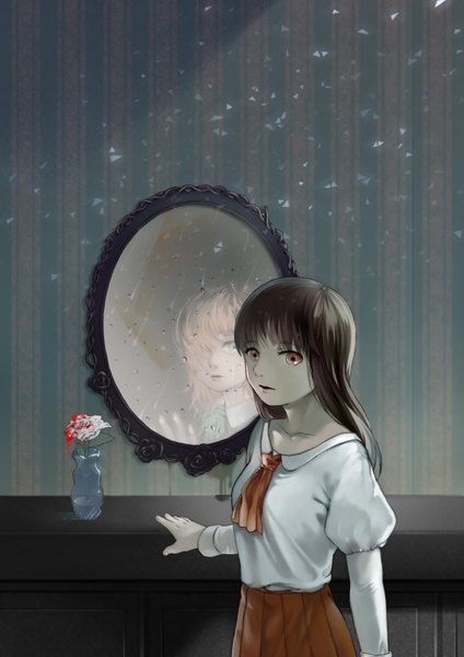 Anime picture 1240x1754 with ib (game) ib (ib) mary (ib) nadajima long hair tall image looking at viewer fringe breasts blue eyes brown hair standing multiple girls brown eyes pleated skirt hair over one eye reflection different reflection girl skirt