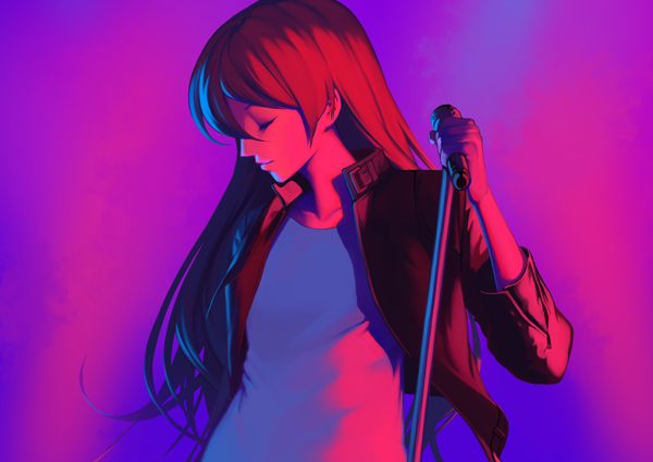 Anime picture 1000x707 with love live! school idol project sunrise (studio) love live! sonoda umi bon-da single long hair simple background holding blue hair upper body eyes closed profile open jacket gradient background girl jacket microphone microphone stand