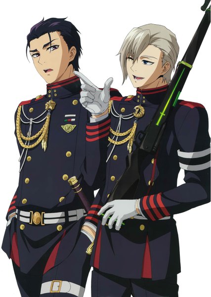 Anime picture 4651x6540 with owari no seraph wit studio ichinose guren hiiragi shinya tall image fringe highres open mouth blue eyes black hair simple background standing white background purple eyes holding looking away absurdres one eye closed grey hair wink