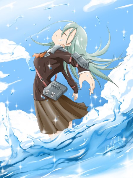 Anime picture 900x1200 with kantai collection suzuya heavy cruiser kimmy77 single long hair tall image sky cloud (clouds) eyes closed profile pleated skirt green hair spread arms girl skirt sea splashes