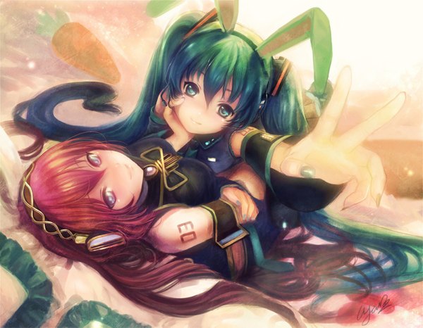 Anime picture 1500x1167 with vocaloid hatsune miku megurine luka xueyinye (elda) long hair looking at viewer blue eyes smile twintails bare shoulders multiple girls signed animal ears pink hair lying nail polish green hair bunny ears victory chin rest