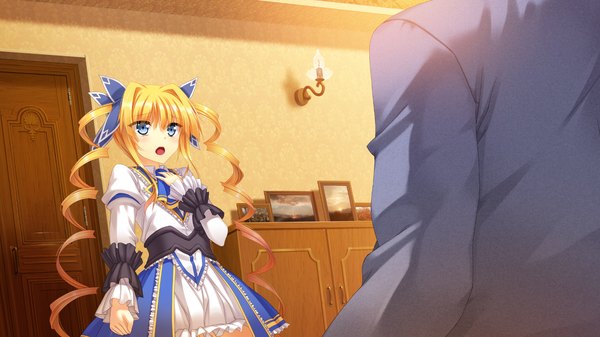 Anime picture 1280x720 with koiken otome eve elaine austin tateha (marvelous grace) long hair open mouth blue eyes blonde hair wide image twintails game cg loli drill hair girl dress bow hair bow