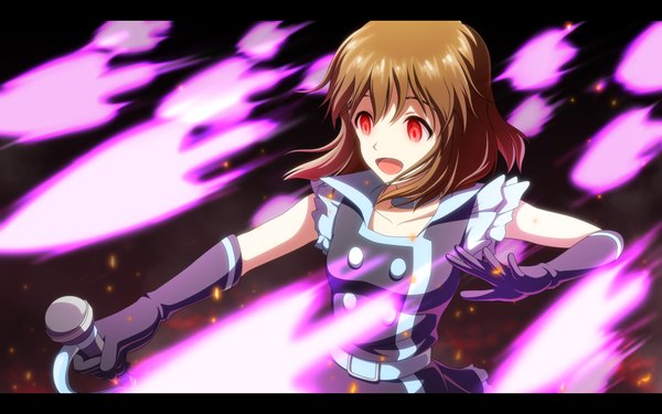 Anime picture 1920x1200 with idolmaster hagiwara yukiho kouchou single highres short hair open mouth red eyes brown hair :d glowing girl dress gloves microphone