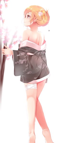 Anime picture 2664x5616 with touhou junko (touhou) septet (zrca janne) single tall image highres short hair blonde hair smile red eyes bare shoulders looking away traditional clothes japanese clothes profile barefoot hair flower bare legs alternate costume cherry blossoms