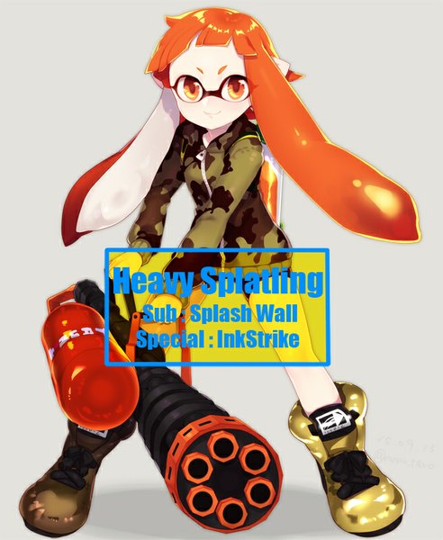 Anime picture 656x800 with splatoon nintendo inkling etsuo single tall image looking at viewer short hair simple background smile standing orange hair grey background orange eyes text eyebrows english tentacle hair camouflage girl