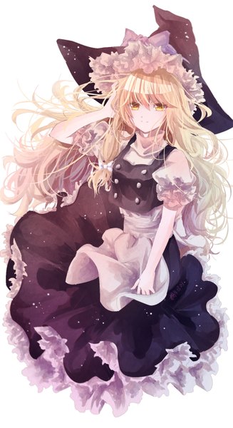 Anime picture 1024x1874 with touhou kirisame marisa vioro single long hair tall image fringe simple background blonde hair smile white background yellow eyes from above wind hand on head girl skirt hat witch hat skirt set