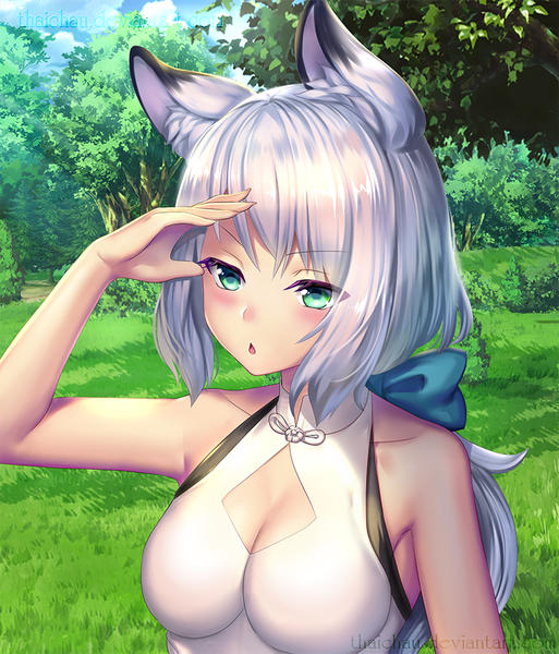 Anime picture 750x877 with original riiya (mabong1989) single long hair tall image blush fringe open mouth bare shoulders green eyes signed animal ears looking away sky silver hair cloud (clouds) upper body outdoors :o sleeveless