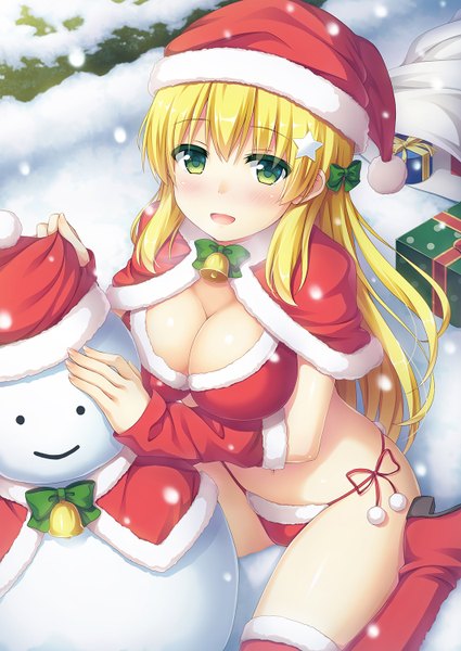 Anime picture 1062x1500 with original nakamura sumikage single long hair tall image looking at viewer blush fringe breasts open mouth light erotic blonde hair hair between eyes sitting green eyes payot cleavage from above bare belly fur trim