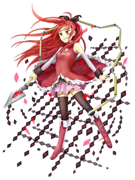 Anime picture 1200x1600 with mahou shoujo madoka magica shaft (studio) sakura kyouko krste single long hair tall image fringe smile red eyes white background bare shoulders holding looking away full body ponytail red hair wind teeth spread legs