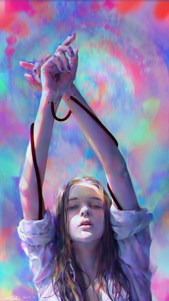 Anime picture 1000x1777 with june y.cheng single long hair tall image looking at viewer brown hair nail polish parted lips head tilt fingernails lips realistic teeth grey eyes bondage twisty sleeves bound hands polychromatic girl shirt