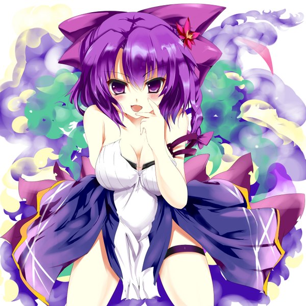 Anime picture 1400x1400 with original kown (artist) single long hair looking at viewer blush breasts open mouth light erotic smile purple eyes bare shoulders purple hair girl dress bow hair bow
