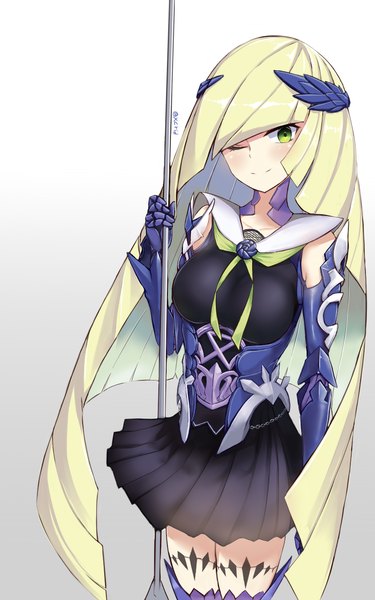 Anime picture 900x1440 with fate (series) fate/grand order pokemon pokemon sm fate/prototype nintendo brynhildr (fate) lusamine (pokemon) i.f.s.f single long hair tall image blush fringe breasts simple background blonde hair large breasts standing holding