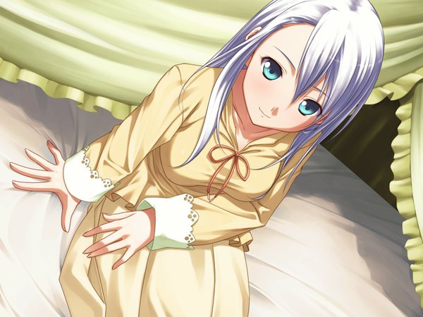 Anime picture 1600x1200 with fuyu no rondo victoria lumiaula yasuyuki single long hair blue eyes smile sitting game cg white hair girl