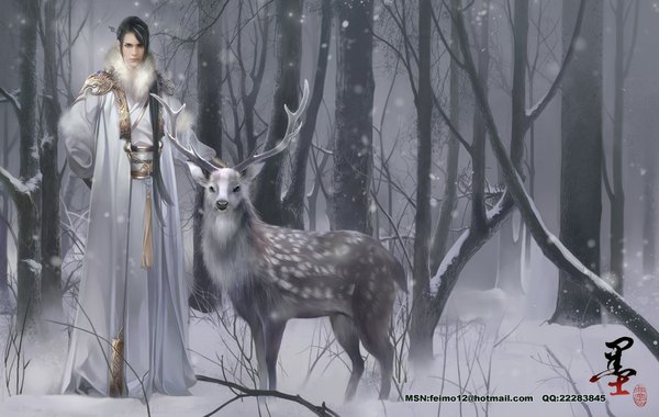 Anime picture 1043x662 with feimo long hair black hair signed traditional clothes horn (horns) realistic snowing winter snow boy plant (plants) animal tree (trees) fur forest deer reindeer