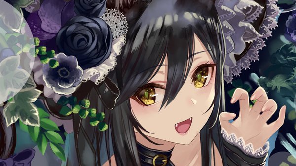 Anime picture 960x540 with original terai (teraimorimori) single long hair looking at viewer fringe open mouth black hair hair between eyes wide image yellow eyes fingernails fang (fangs) close-up face girl flower (flowers) hat