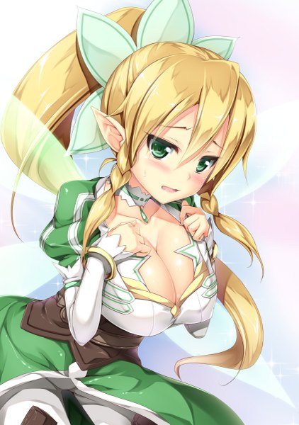 Anime picture 845x1200 with sword art online a-1 pictures leafa akizora momiji single long hair tall image blush breasts open mouth light erotic blonde hair large breasts green eyes cleavage ponytail pointy ears elf girl dress