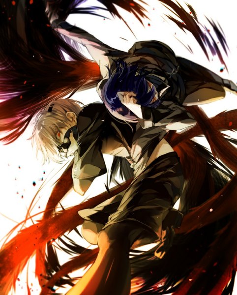 Anime picture 804x1000 with tokyo ghoul studio pierrot kaneki ken kirishima ayato syokumura tall image looking at viewer fringe short hair simple background red eyes purple hair white hair nail polish fingernails multiple boys from below looking down upside down boy