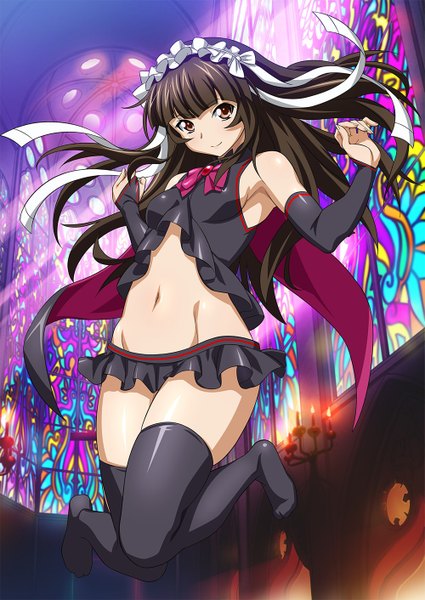 Anime picture 1000x1412 with ikkitousen teni single long hair tall image looking at viewer light erotic black hair red eyes girl thighhighs skirt navel black thighhighs detached sleeves miniskirt lolita hairband