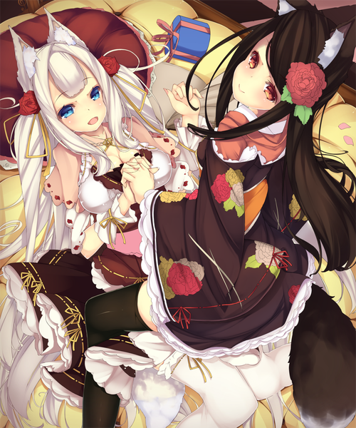 Anime picture 2460x2952 with original shirohina long hair tall image looking at viewer blush highres open mouth blue eyes black hair red eyes multiple girls animal ears white hair lying animal tail hair flower girl thighhighs dress