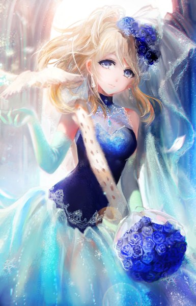 Anime picture 900x1403 with love live! school idol project sunrise (studio) love live! ayase eli juexing (moemoe3345) single long hair tall image looking at viewer fringe blonde hair standing purple eyes holding hair flower wind sleeveless lens flare outstretched arm shiny