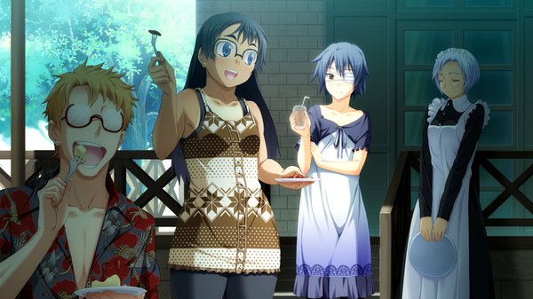 Anime picture 1024x576 with suigetsu 2 long hair short hair blue eyes black hair blonde hair wide image multiple girls brown eyes game cg white hair maid eating girl dress boy glasses headdress maid headdress 3 girls