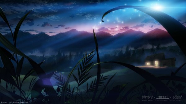 Anime picture 1280x720 with eden* minori wide image sky cloud (clouds) mountain landscape scenic plant (plants) tree (trees) grass house