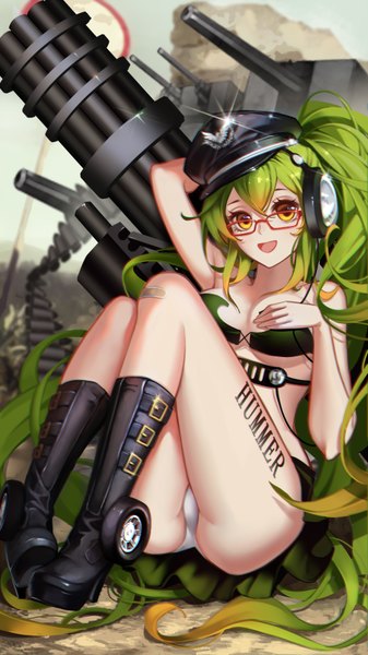 Anime picture 960x1706 with original qinshou single tall image looking at viewer breasts open mouth light erotic blonde hair large breasts sitting bare shoulders green eyes yellow eyes bent knee (knees) very long hair pleated skirt multicolored hair tattoo high heels