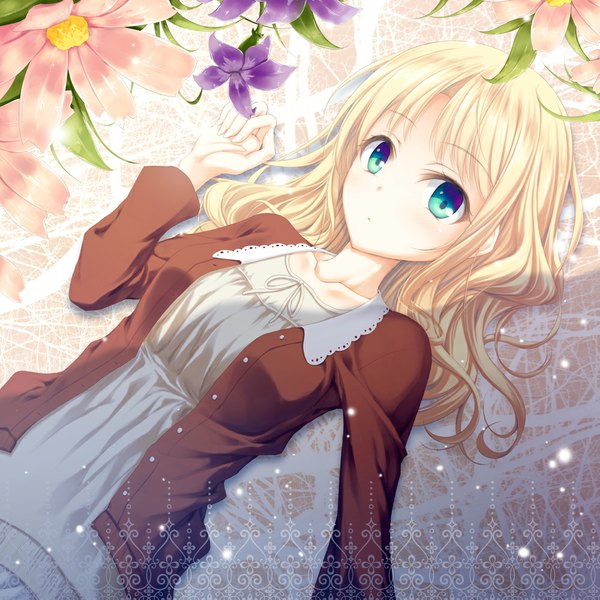 Anime picture 1000x1000 with original mac-kine single long hair looking at viewer fringe blue eyes blonde hair lying girl dress flower (flowers)