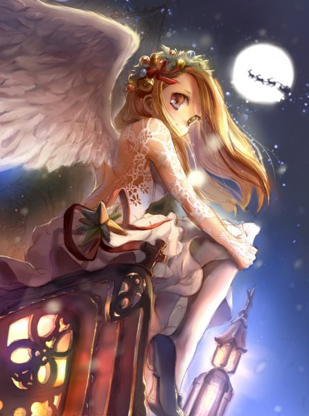 Anime picture 2304x3096 with original siloteddy single long hair tall image looking at viewer highres blonde hair sitting brown eyes night christmas angel girl hair ornament ribbon (ribbons) wings shoes moon bell