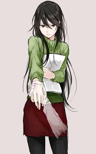 Anime picture 538x862 with durarara!! brains base (studio) yagiri namie urahara single long hair tall image looking at viewer black hair simple background black eyes grey background holding hands girl skirt pantyhose turtleneck paper