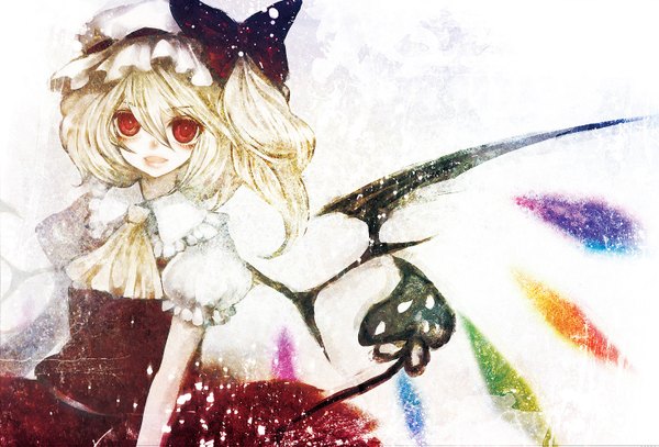 Anime picture 1468x997 with touhou flandre scarlet duca single blonde hair smile red eyes one side up girl dress bow weapon hat wings laevatein (touhou)