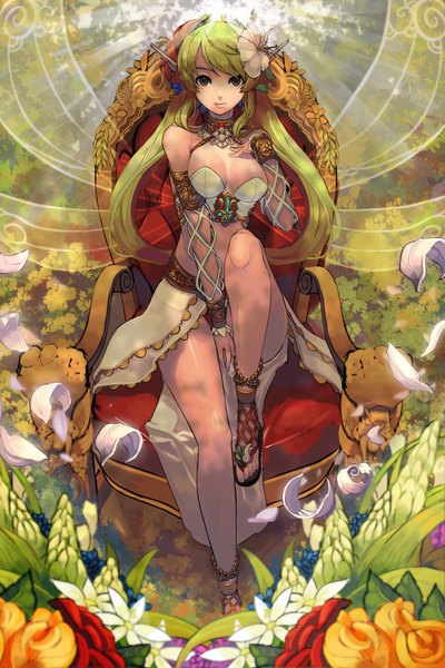 Anime picture 3000x4500 with original qbspdl single long hair tall image highres sitting brown eyes hair flower green hair pointy ears elf insect wings girl skirt hair ornament flower (flowers) plant (plants) petals wings
