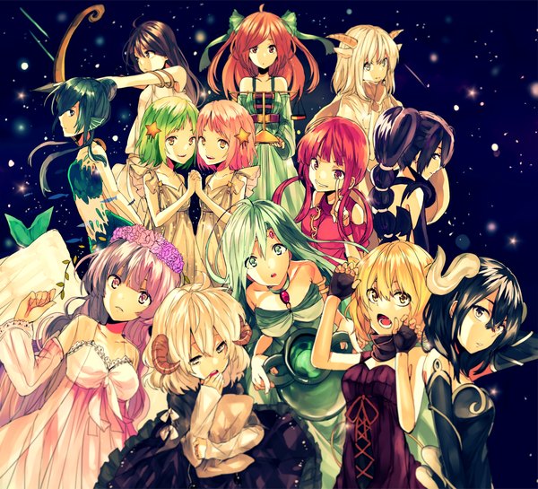 Anime picture 3199x2906 with original minaduki0038 long hair looking at viewer highres blonde hair bare shoulders multiple girls yellow eyes pink hair absurdres profile pink eyes horn (horns) aqua hair holding hands group 6+ girls zodiac aquarius (zodiac)