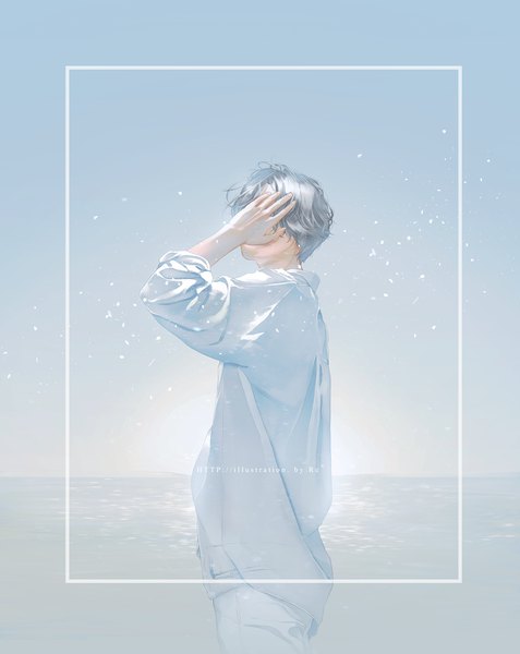 Anime picture 856x1076 with original re (artist) single tall image short hair standing arm up grey hair sparkle horizon twisty sleeves covering eye (eyes) boy sea