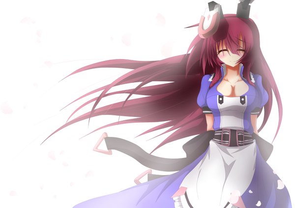 Anime picture 3500x2475 with infinite stratos 8bit shinonono tabane single long hair blush highres simple background white background absurdres purple hair eyes closed light smile girl dress