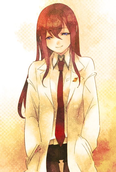 Anime picture 1181x1748 with steins;gate white fox makise kurisu tamachi kuwa single long hair tall image blue eyes simple background smile brown hair hands in pockets girl necktie labcoat