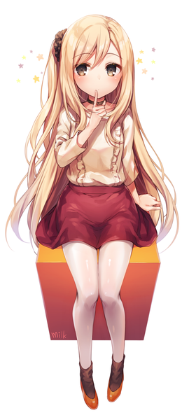 Anime picture 1309x2905 with original milk (komeshiro kasu) komeshiro kasu single long hair tall image looking at viewer blush fringe simple background blonde hair hair between eyes white background sitting black eyes arm support character names side ponytail finger to mouth girl