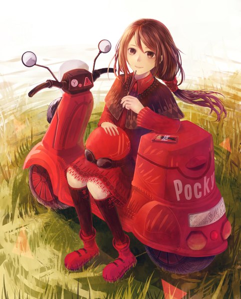 Anime picture 1160x1440 with original bounin single long hair tall image looking at viewer smile brown hair brown eyes ponytail girl plant (plants) boots headdress hairband sweets grass pocky scooter