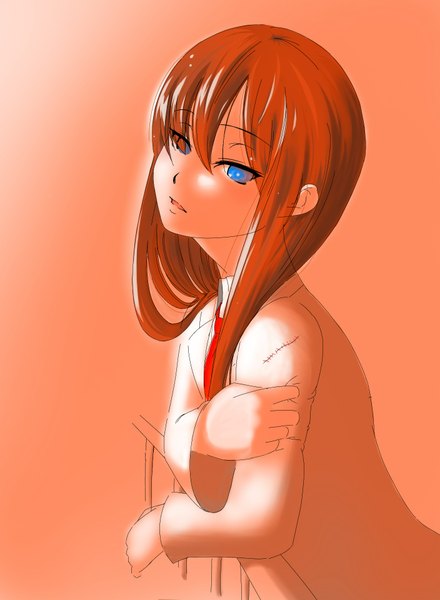 Anime picture 1408x1920 with steins;gate white fox makise kurisu single long hair tall image open mouth blue eyes brown hair profile looking down hand on shoulder girl necktie