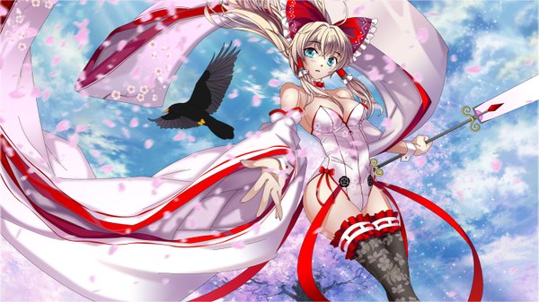 Anime picture 5760x3240 with league of legends janna windforce miyazaki byou starofastaroth single long hair highres blue eyes light erotic blonde hair wide image bare shoulders absurdres girl thighhighs bow hair bow detached sleeves animal bird (birds)