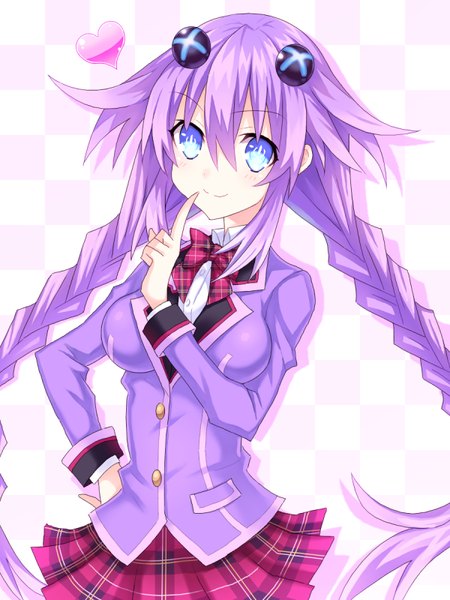 Anime picture 600x800 with choujigen game neptune neptune (choujigen game neptune) purple heart hinano single long hair tall image fringe breasts blue eyes smile hair between eyes large breasts payot purple hair braid (braids) pleated skirt hand on hip twin braids finger to mouth